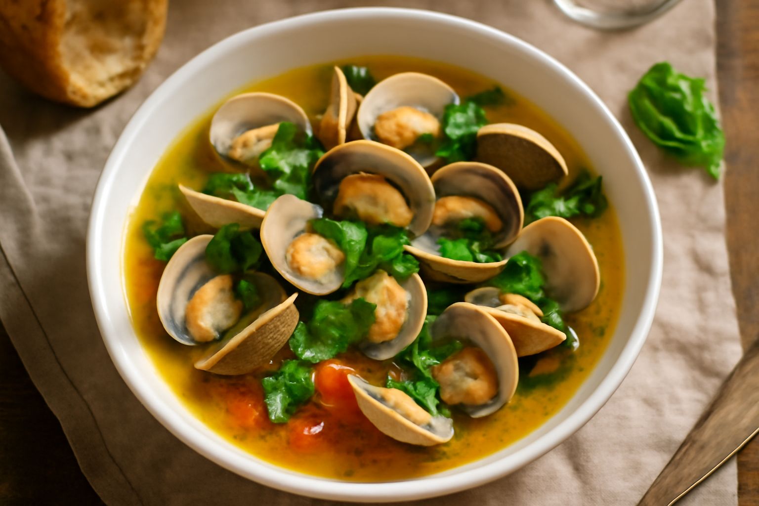 Zuppa di vongole in ciotola bianca profonda, brodo trasparente giallo dorato, vongole aperte in guscio, pomodori rossi visibili nel fondo, basilico fresco verde, fette di pane tostato dorate a lato, t