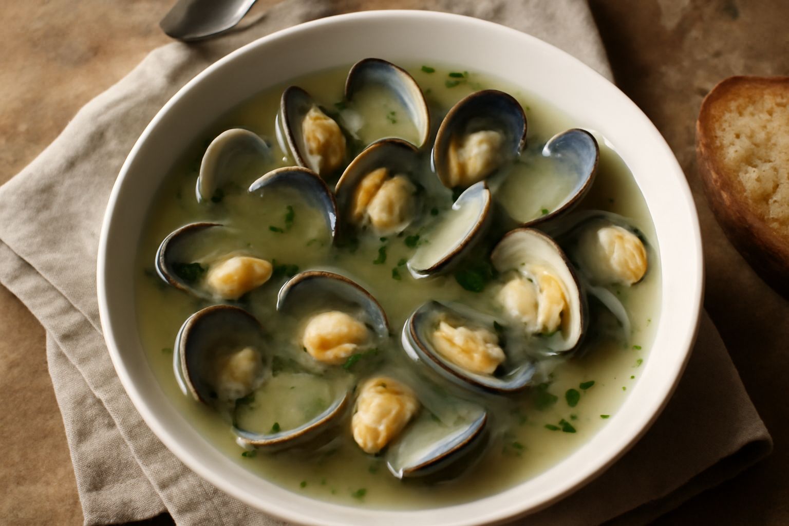Zuppa di vongole veraci in ciotola bianca fonda: vongole aperte e piene di carne biancastra dentro guscio grigio scuro, immerse in brodo trasparente giallo-arancio, aglio soffritto visibile, prezzemol