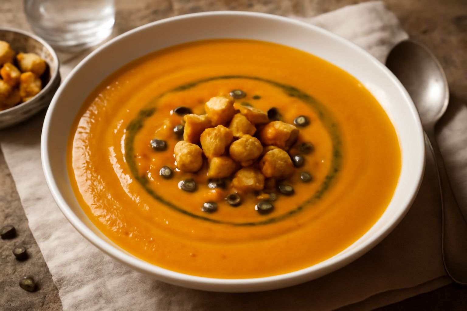 Una ciotola bianca di zuppa di zucca cremosa color arancione, guarnita con semi di zucca tostati e fili di olio verde, con una cucchiaiata sul bordo, vista dall'alto su tavolo di legno grigio