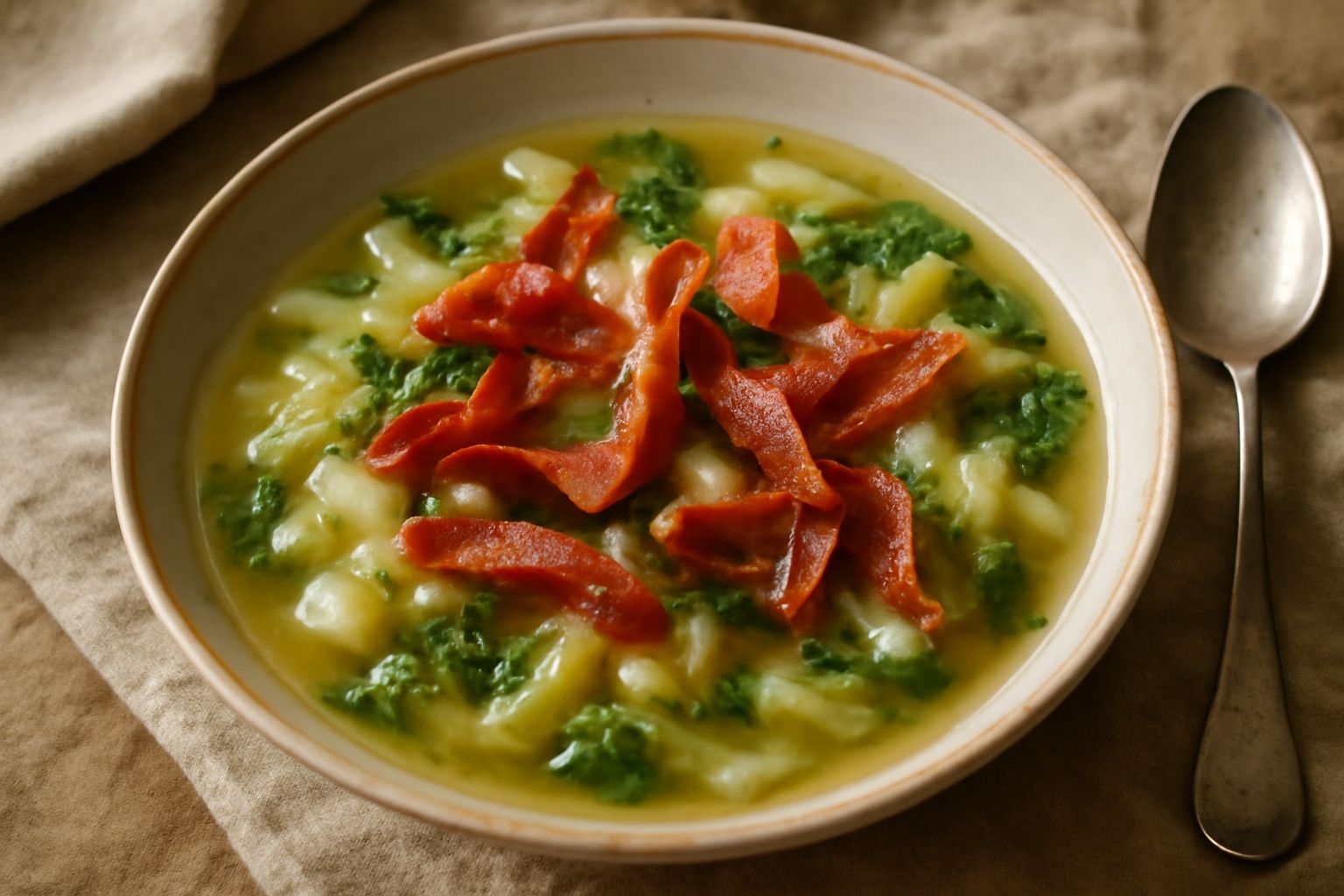Zuppa d'indivia e speck in ciotola bianca, con fette di speck croccante dorate sulla superficie, foglie verdi di indivia morbide nel brodo, cipolla dorata visibile, pane tostato accanto