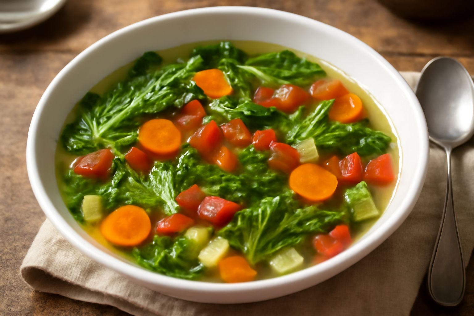 Ciotola di ceramica bianca con zuppa d'insalata: lattuga verde croccante, carota affettata, pomodori rossi, sedano bianco e pezzi di pane tostato galleggiano in brodo chiaro e ambrato, con una goccia 