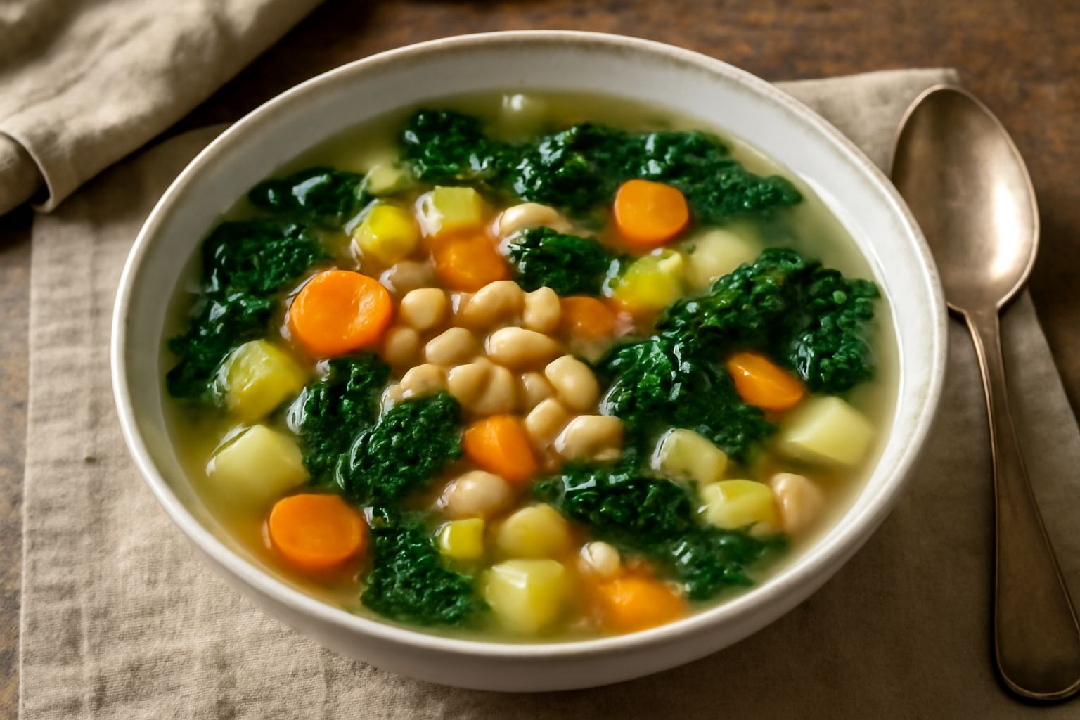 Zuppa d'invernata in ciotola bianca di ceramica, con verdure tagliate visibili, legumi, brodo trasparente, guarnita con foglie di prezzemolo fresco, vapore caldo che sale dalla superficie