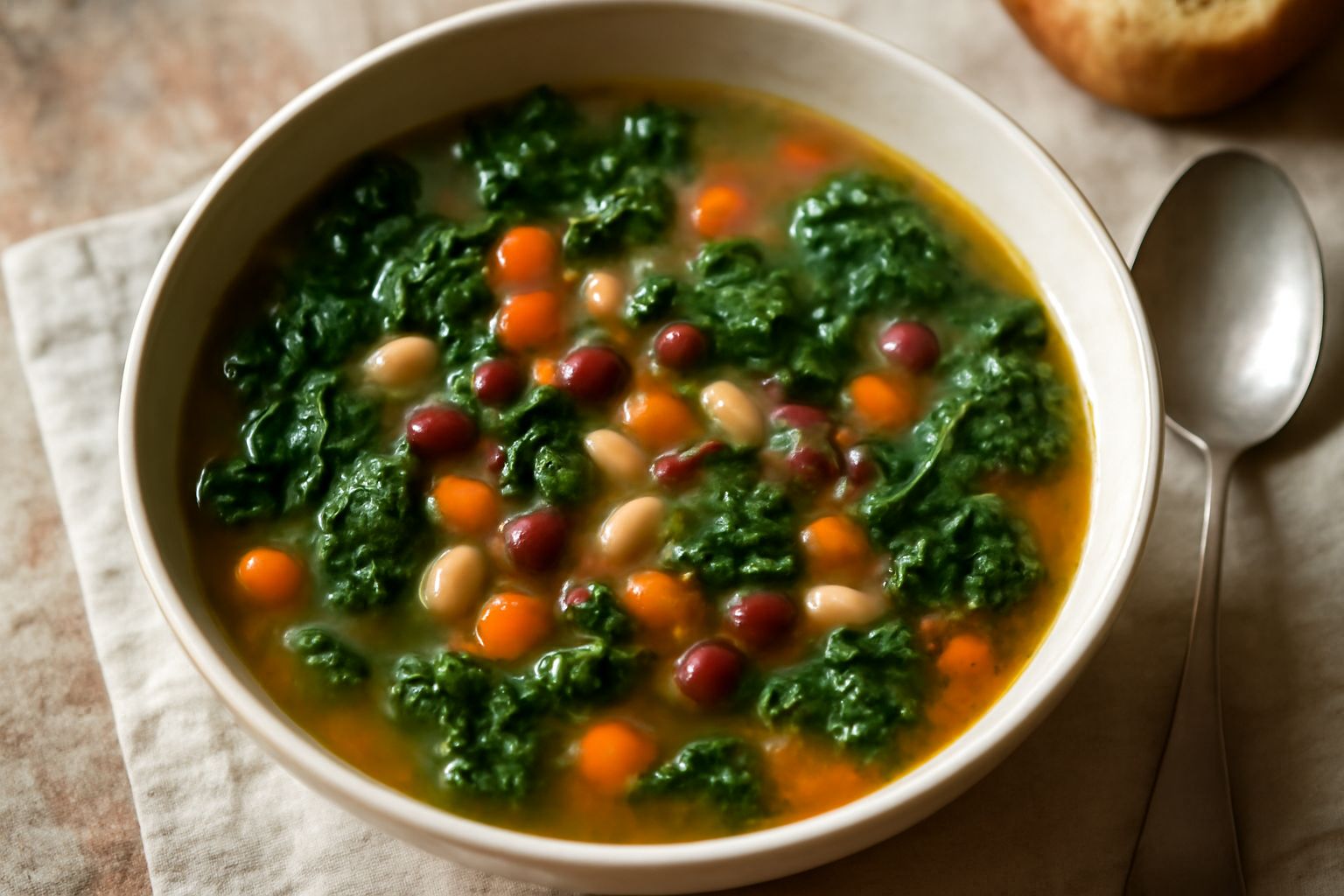 Zuppa d'inverno in ciotola di ceramica bianca, con carote a dadini arancioni, cannellini bianchi, cavolo nero verde scuro, sedano e brodo trasparente, un filo d'olio verde in superficie, pane tostato 