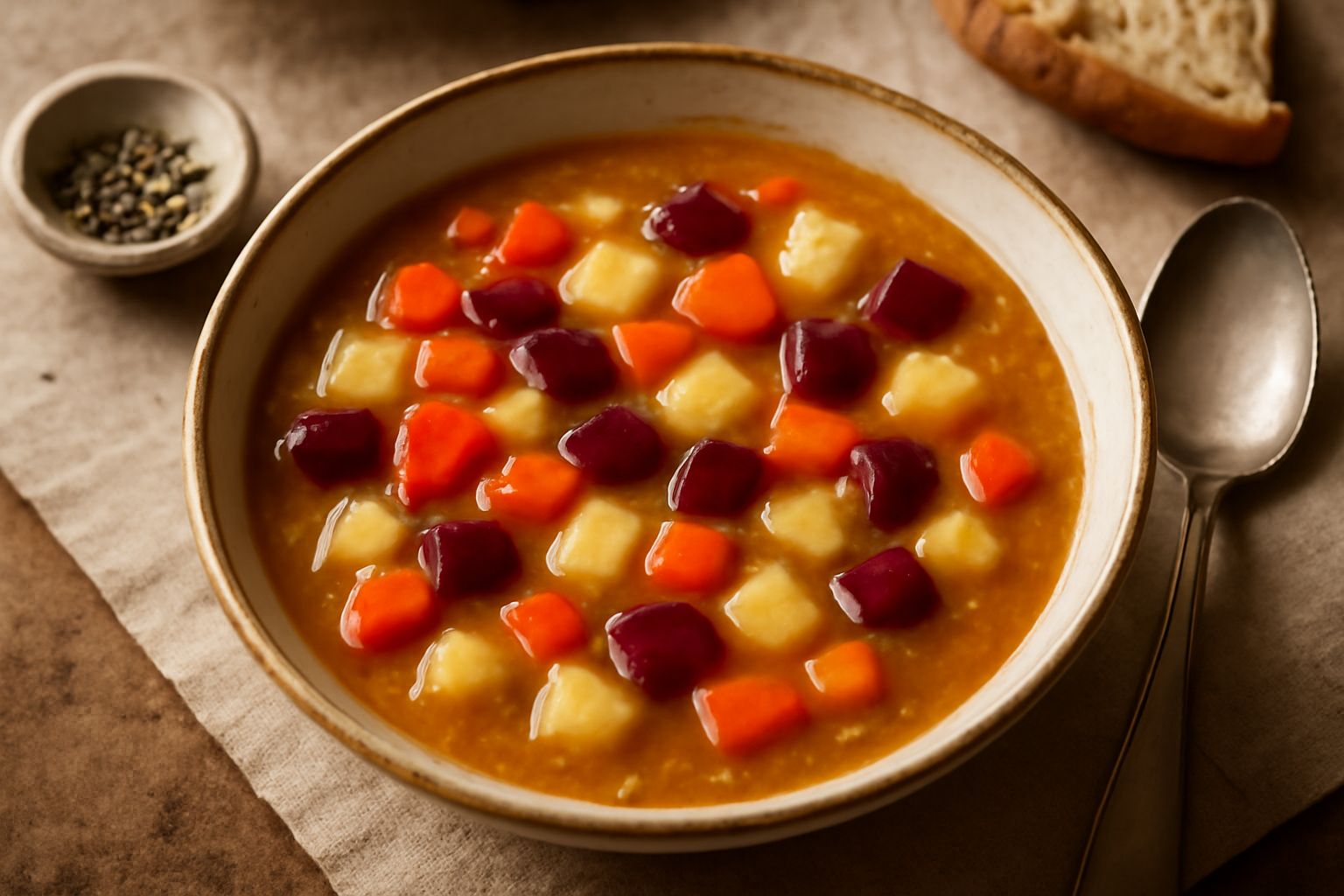 Una zuppa cremosa in una ciotola bianca, con cubetti colorati di carote arancioni, barbabietole rosse scure e patate giallo pallido, sormontata da una spruzzata di prezzemolo fresco verde e un filo di
