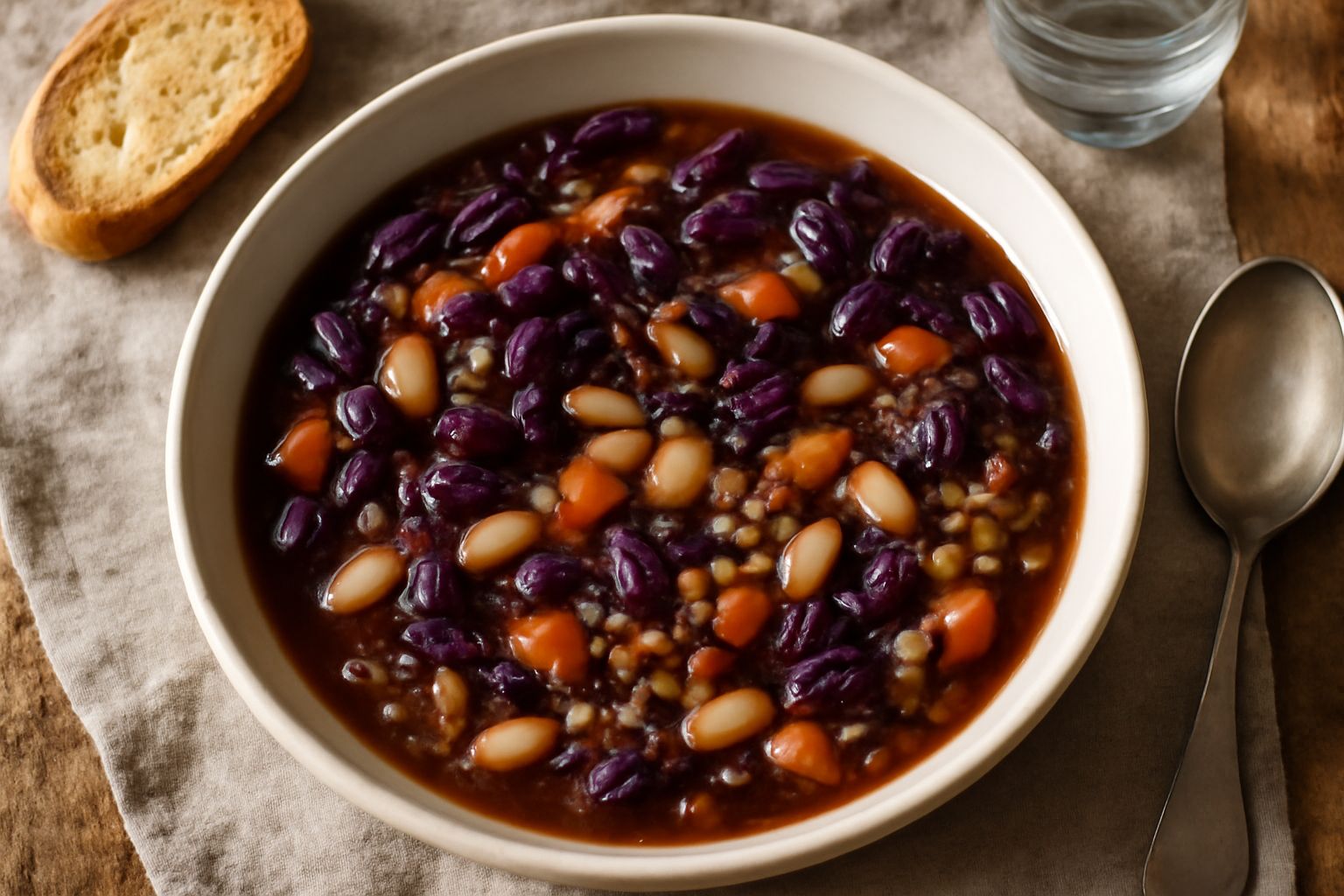 Una ciotola di ceramica bianca ricolma di zuppa scura con cavolo rosso tagliato, fagioli bianchi affioranti, carote arancioni e sedano grigio-verde, brodo scuro che avvolge tutto, cucchiaio di legno a