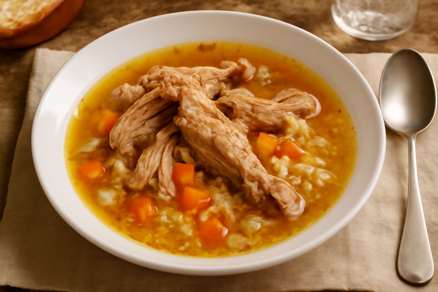 Zuppa d'oca servita in una ciotola bianca fonda, con pezzi di carne tenera, carote a dadini arancioni, sedano bianco, brodo trasparente e dorato, guarnita con prezzemolo fresco verde, contorno di pane