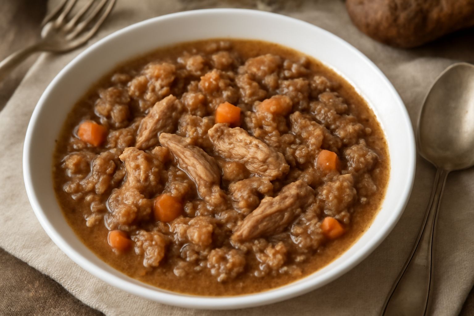 Zuppa d'oca povera in ciotola di ceramica bianca: brodo ambrato, pezzi di carne d'oca, carote tagliate a dadini, cipolle, sedano, pane scuro ammollato in superficie, vapore tiepido, cucchiaio di legno