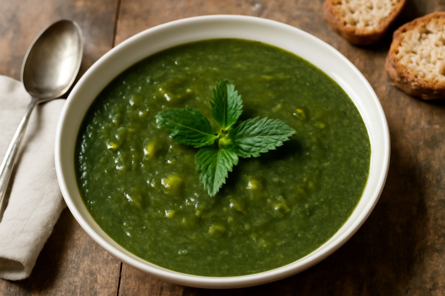 Zuppa d'ortica cremosa verde smeraldo servita in ciotola di ceramica bianca, con filo d'olio d'oliva, crostini di pane tostato e foglia d'ortica fresca a guarnizione