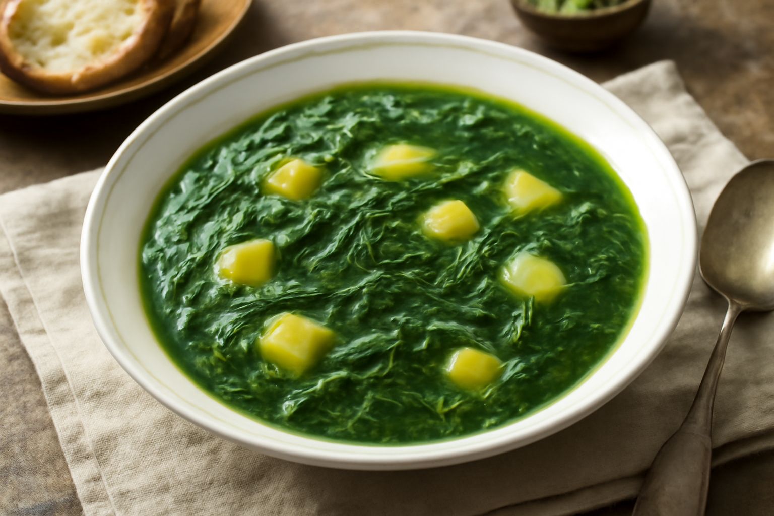 Ciotola di zuppa d'ortiche verde intenso con patate tagliate in dadini, cipolla trasparente, filo d'olio d'oliva in superficie, pane tostato ai lati, su fondo bianco
