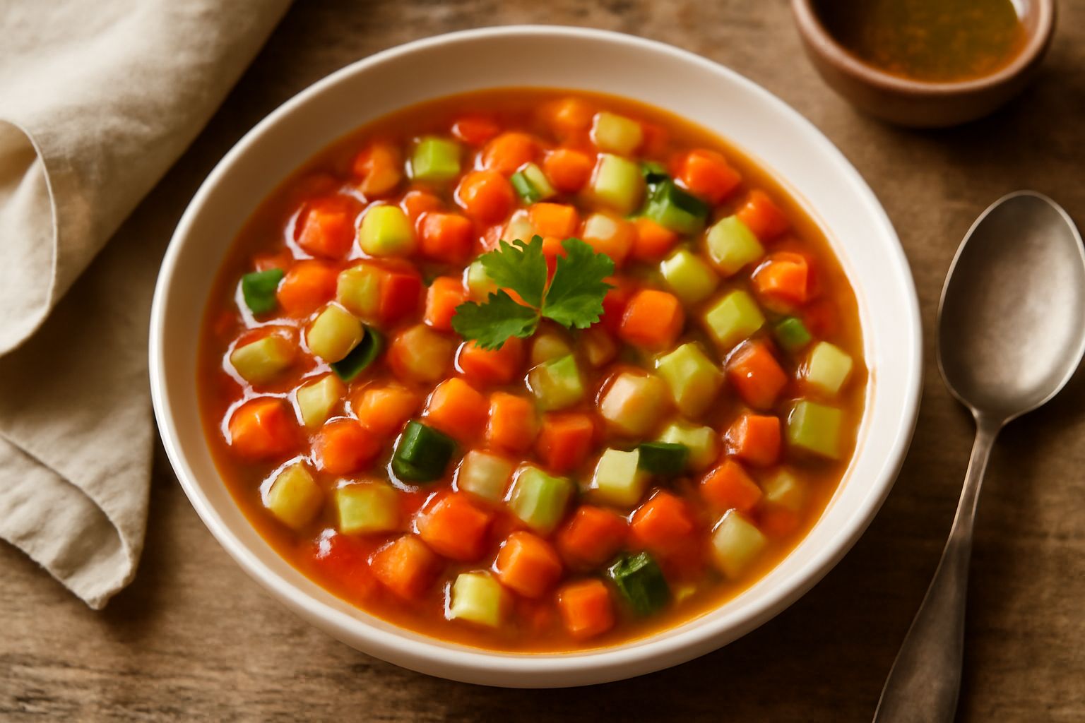 Zuppa d'ortolana in una ciotola bianca con verdure tagliate a dadini: carote arancioni, zucchine verdi, pomodori rossi, sedano bianco, noci spezzate, il tutto condito con olio d'oliva dorato