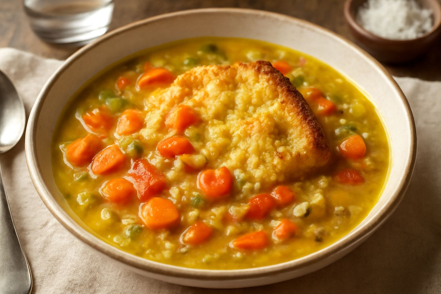 Zuppa d'ortolana in ciotola di ceramica bianca, con verdure miste visibili in brodo trasparente, fette di pane raffermo appena appoggiate sulla superficie, olio d'oliva versato in filo, pezzetti di po