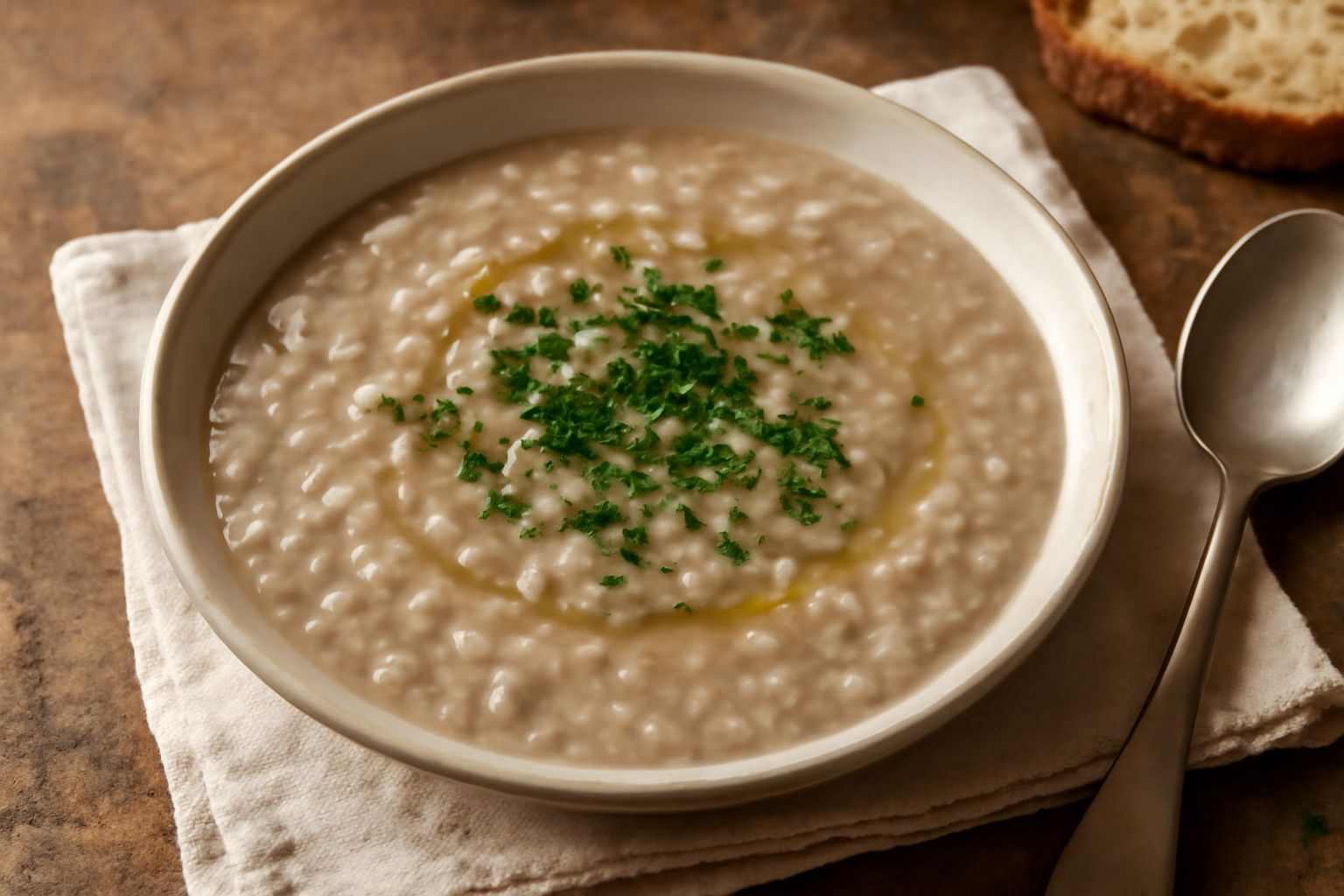 Zuppa d'orzata in ciotola di ceramica bianca, colore grigio beige cremoso con chicchi d'orzo visibili, gambi di prezzemolo fresco e gocce di olio d'oliva dorato in superficie, cucchiaio di legno nel p