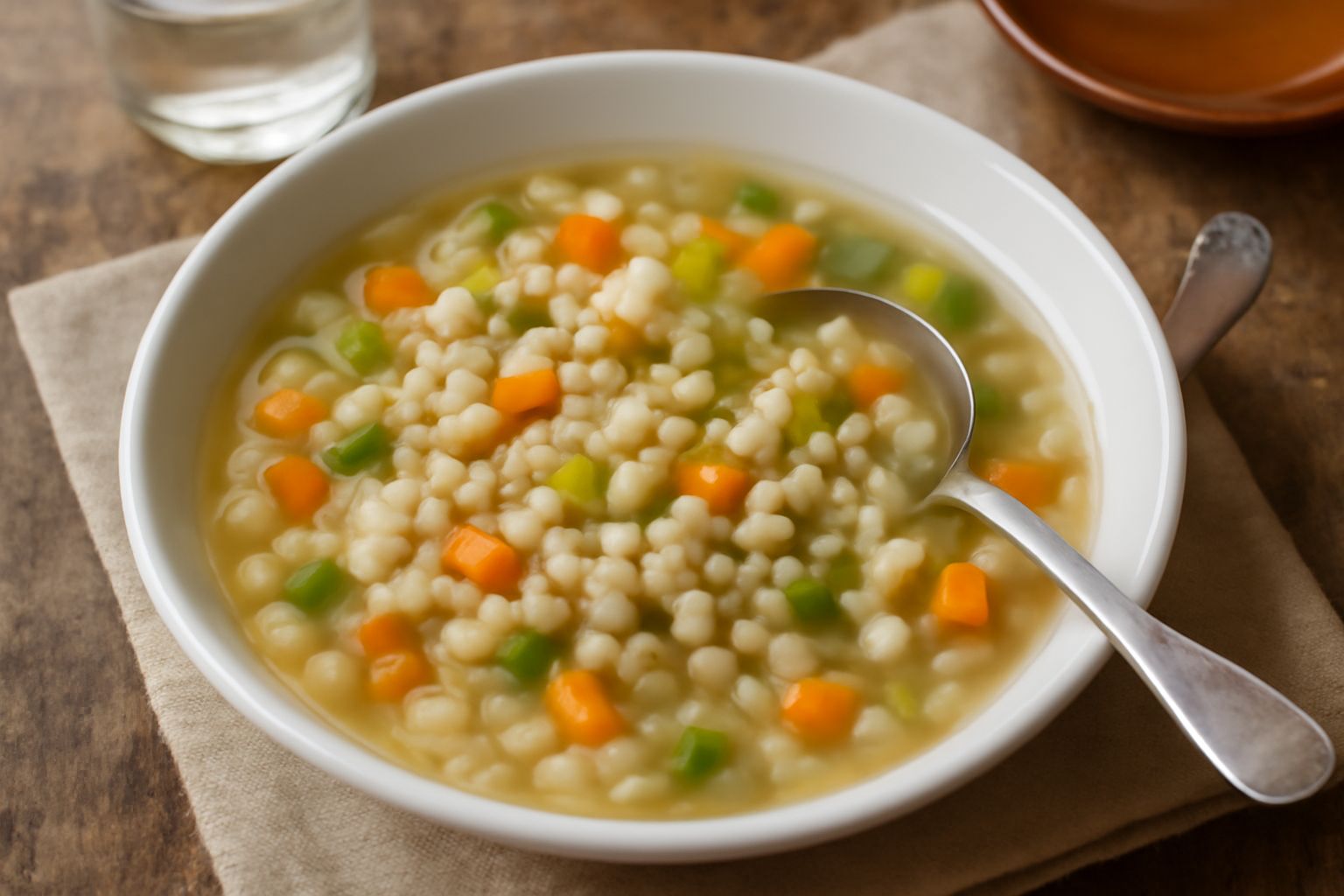 Zuppa d'orzo in ciotola bianca vista dall'alto: chicchi d'orzo trasparenti, carote arancioni tagliate a dadini, sedano verde e zucchine pallide in brodo trasparente, guarnita con prezzemolo fresco