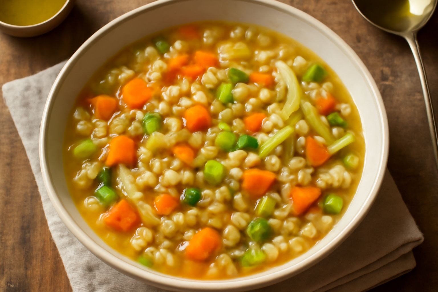 Ciotola di zuppa d'orzo con verdure miste: chicchi d'orzo visibili in brodo trasparente, pezzetti di carota arancione, sedano bianco, cavolo verde e prezzemolo fresco in superficie, servita in piatto 