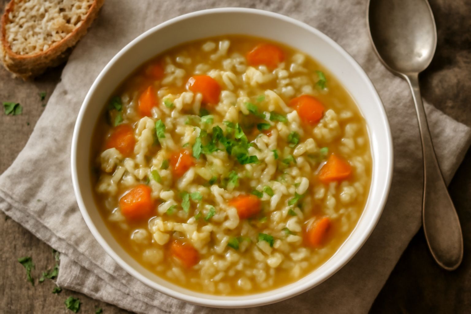 Zuppa d'orzo in ciotola bianca con orzo perlato visibile, pezzi di carota arancione e cavolo, brodo trasparente e rado di olio extravergine in superficie, foglia di prezzemolo fresco sulla spalla