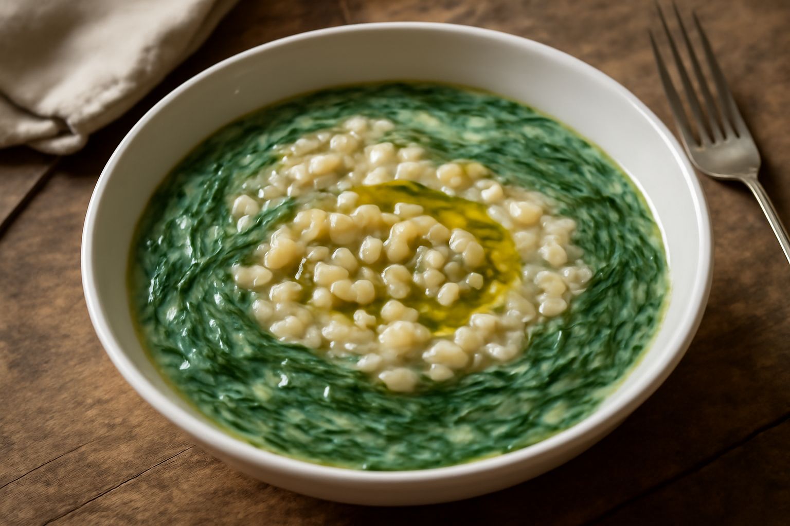 Zuppa d'orzo e barba di frate in ciotola bianca: brodo trasparente color avorio, chicchi d'orzo morbidi, barba di frate verde scuro tritata, filo di olio a crudo in superficie, cucchiaio di legno nel 