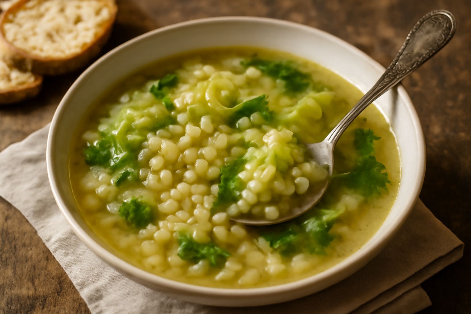 Zuppa d'orzo e cavoli in una ciotola di ceramica bianca, con pezzi visibili di cavolo verde, chicchi di orzo perlato e brodo trasparente leggermente dorato, guarnita da un filo d'olio d'oliva, su sfon