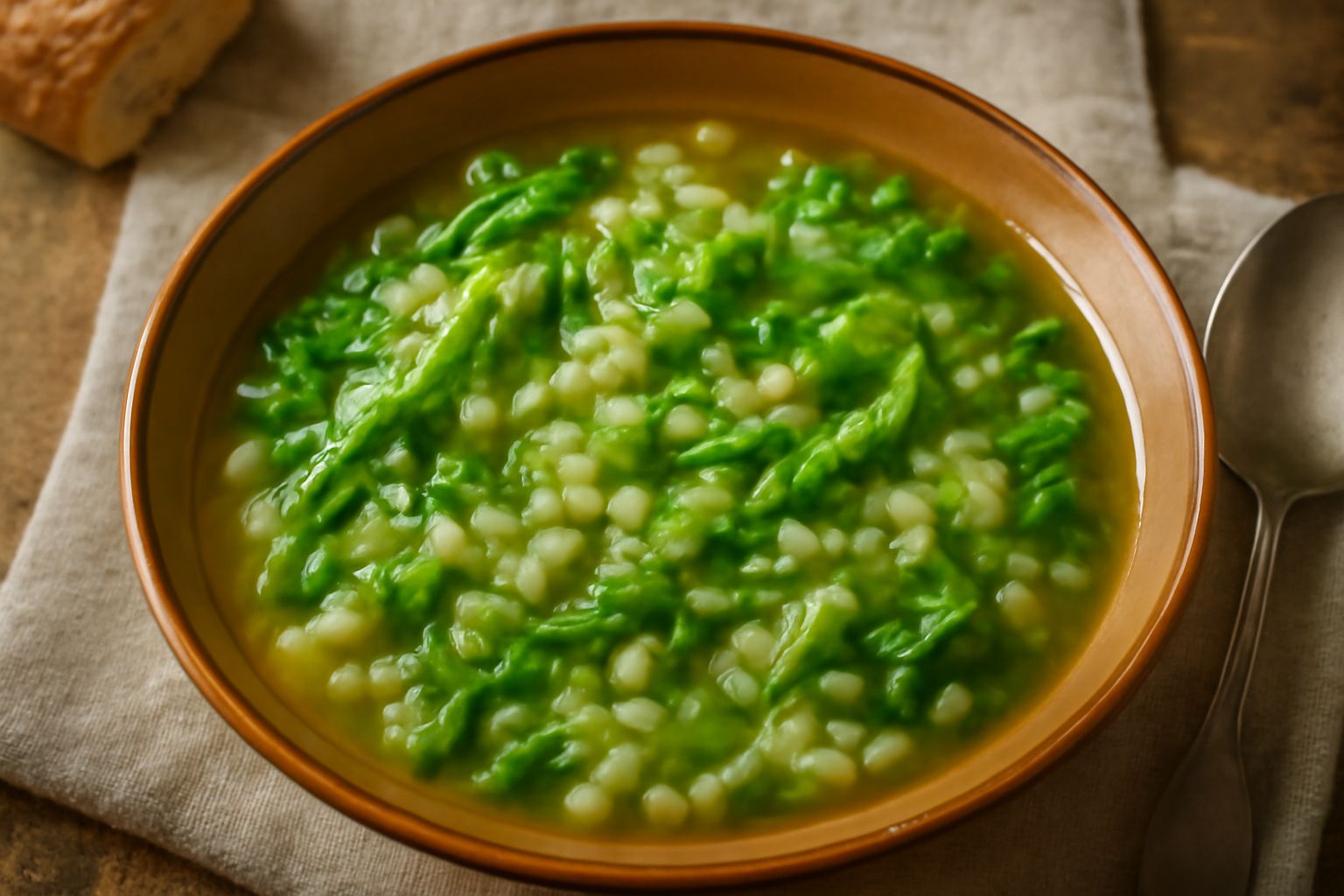 Ciotola di zuppa d'orzo e cavolo color ambra e verde, con chicchi di orzo visibili, pezzi di cavolo teneri e brodo trasparente, servita in piatto bianco con cucchiaio in acciaio