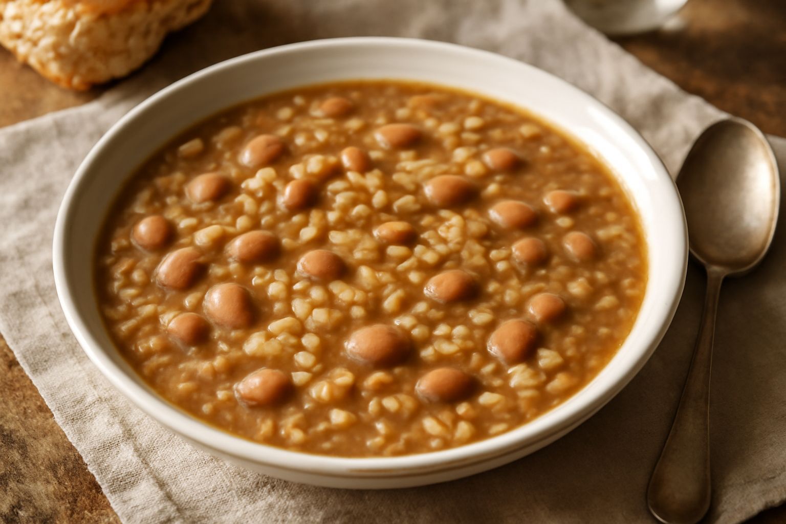 Una ciotola bianca colma di zuppa densa con orzo perlato visibile, fagioli scuri e chiari distribuiti uniformemente, brodo trasparente e dorato, foglia di prezzemolo fresco sul bordo, cucchiaio di leg