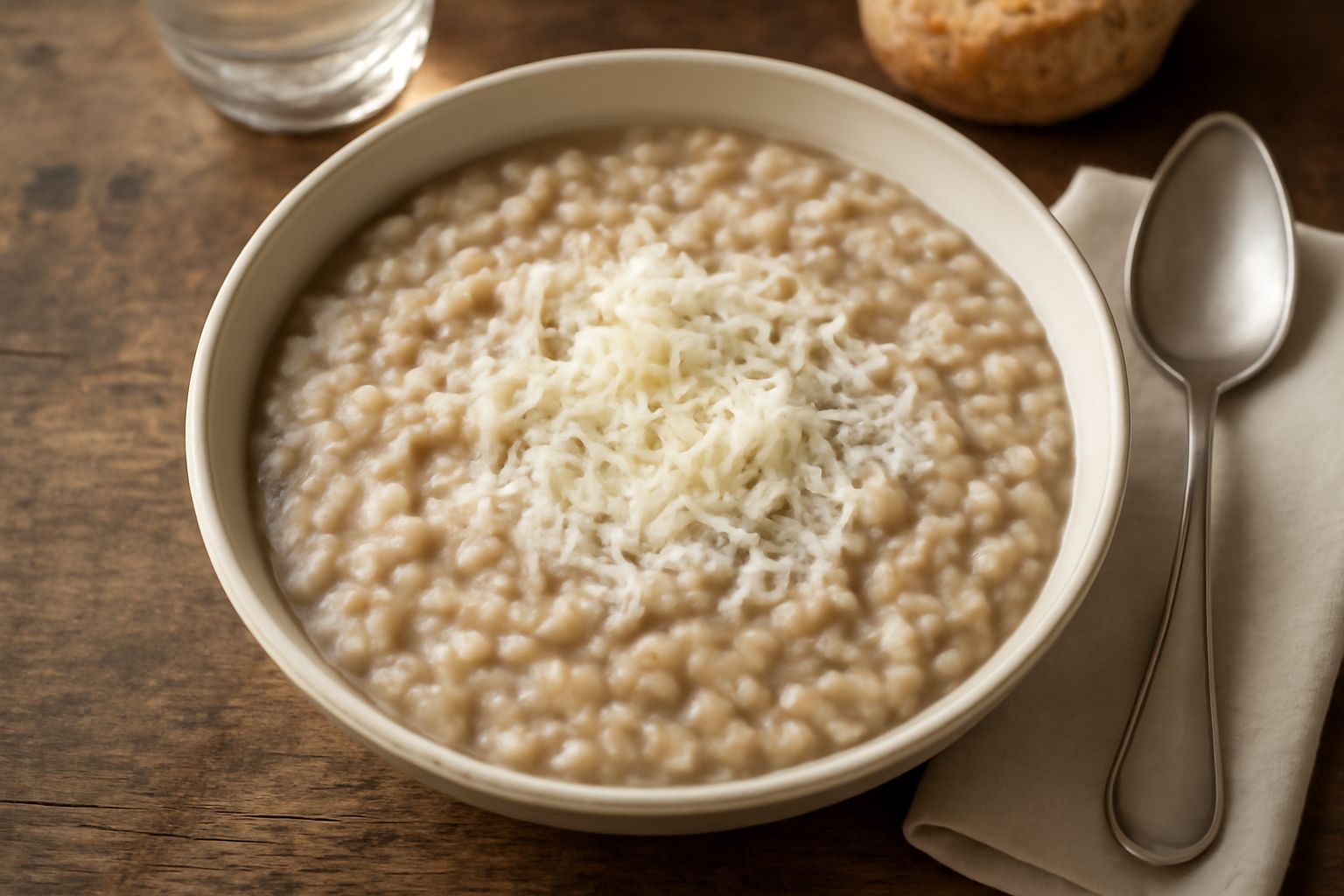 Zuppa d'orzo densa servita in ciotola bianca, con orzo visibile nella consistenza densa e cremosa di colore beige-tortora, formaggio grattugiato sulla superficie, pane integrale tostato accanto