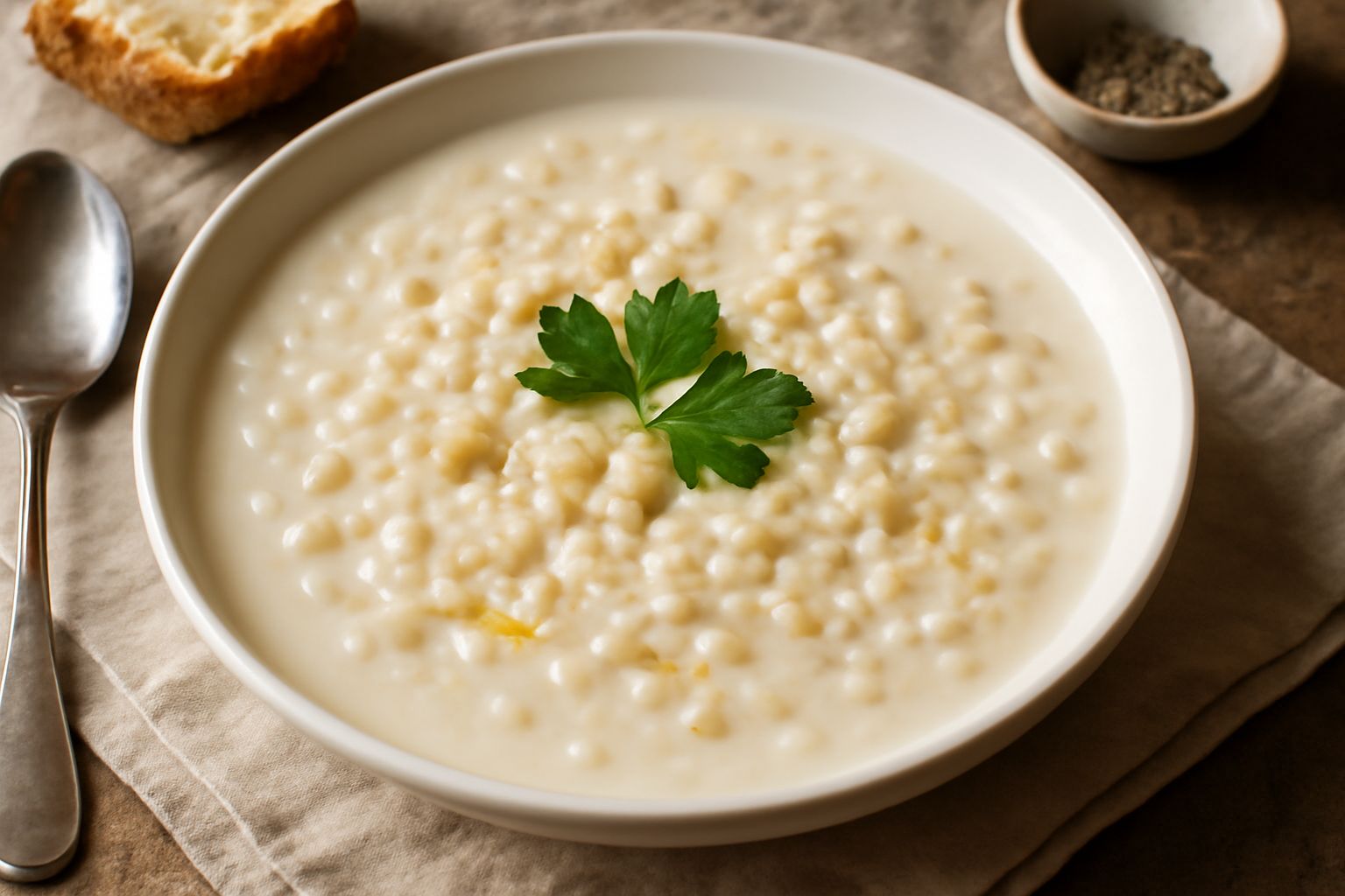 Una ciotola bianca contenente zuppa d'orzo e latte di colore avorio, con chicchi d'orzo visibili, guarnita con prezzemolo fresco verde e un filo d'olio in superficie