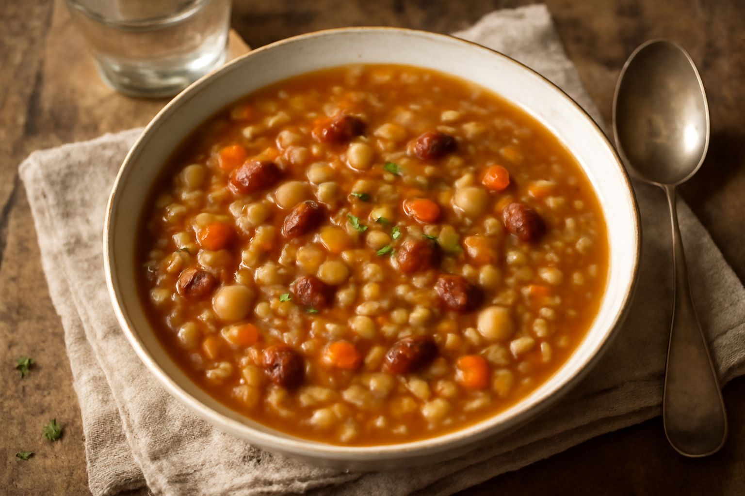Zuppa densa color marrone dorato con chicchi d'orzo visibili, fagioli rossi e lenticchie gialle galleggianti in brodo caldo, servita in una ciotola bianca con cucchiaio di legno e pane integrale accan