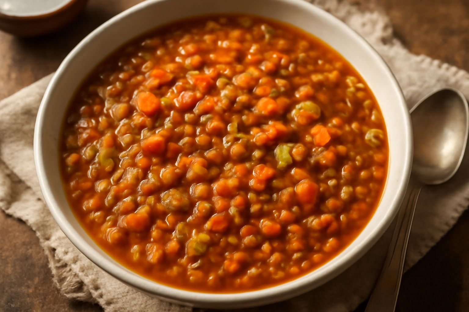 Ciotola di ceramica bianca con zuppa densa di colore arancione e marrone, orzo visibile in superficie, vapore leggero, accompagnata da cucchiaio di legno e pane tostato ai lati