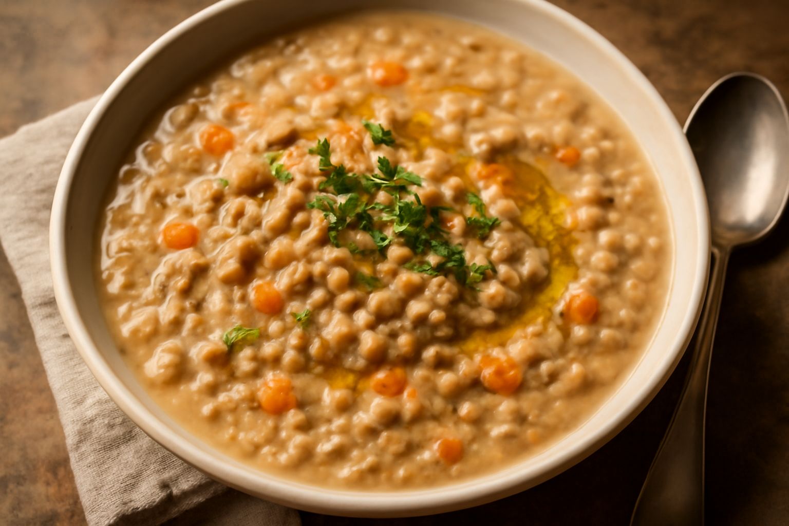 Zuppa d'orzo e segale in ciotola bianca, colore beige nocciola, orzo visibile in superficie, guarnita con prezzemolo fresco e goccia di olio extravergine, piatto di terracotta