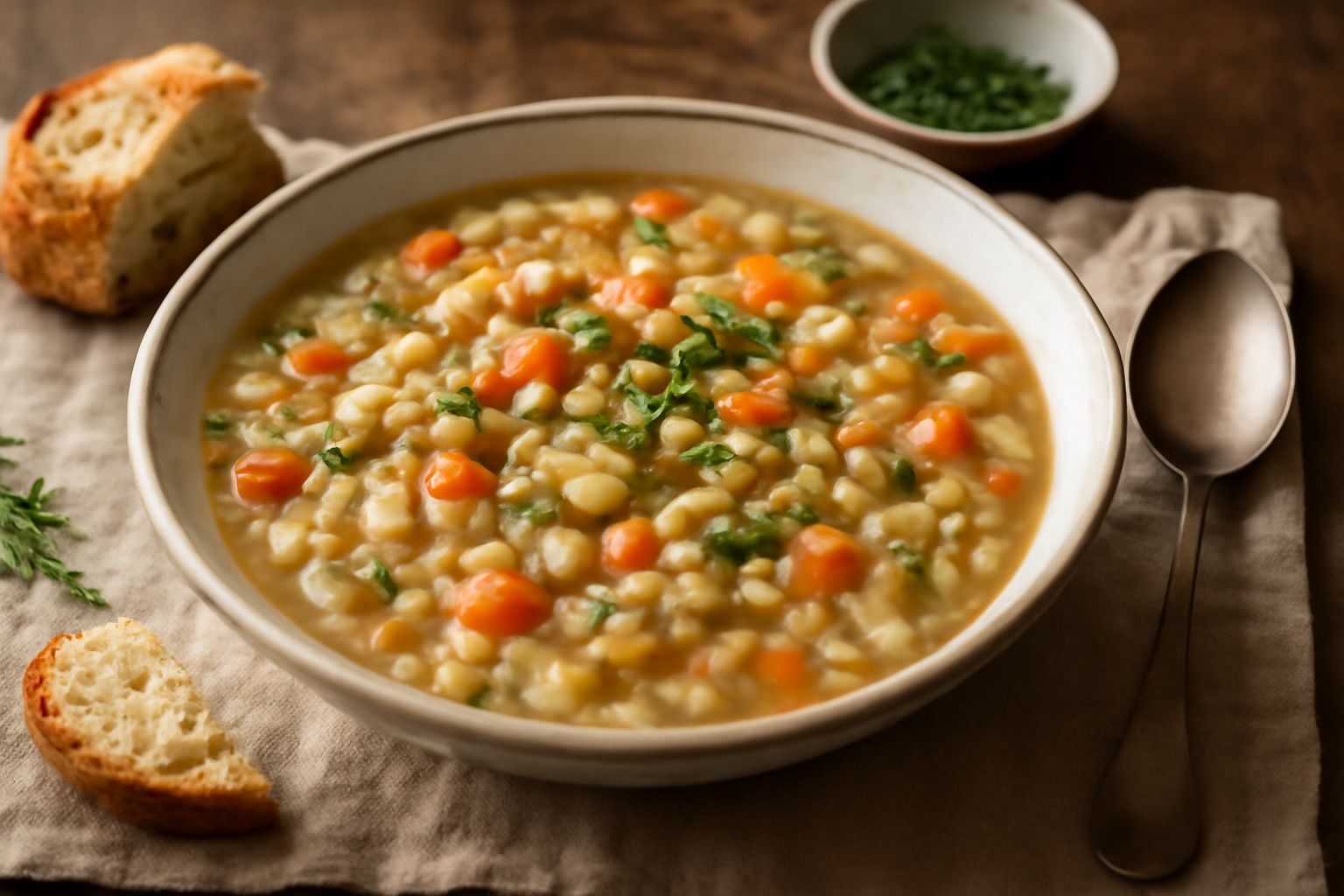 Una ciotola di zuppa d'orzo con orzo perlato, carote arancioni, sedano e prezzemolo fresco, brodo trasparente, cucchiaio di legno, tavolo rustico