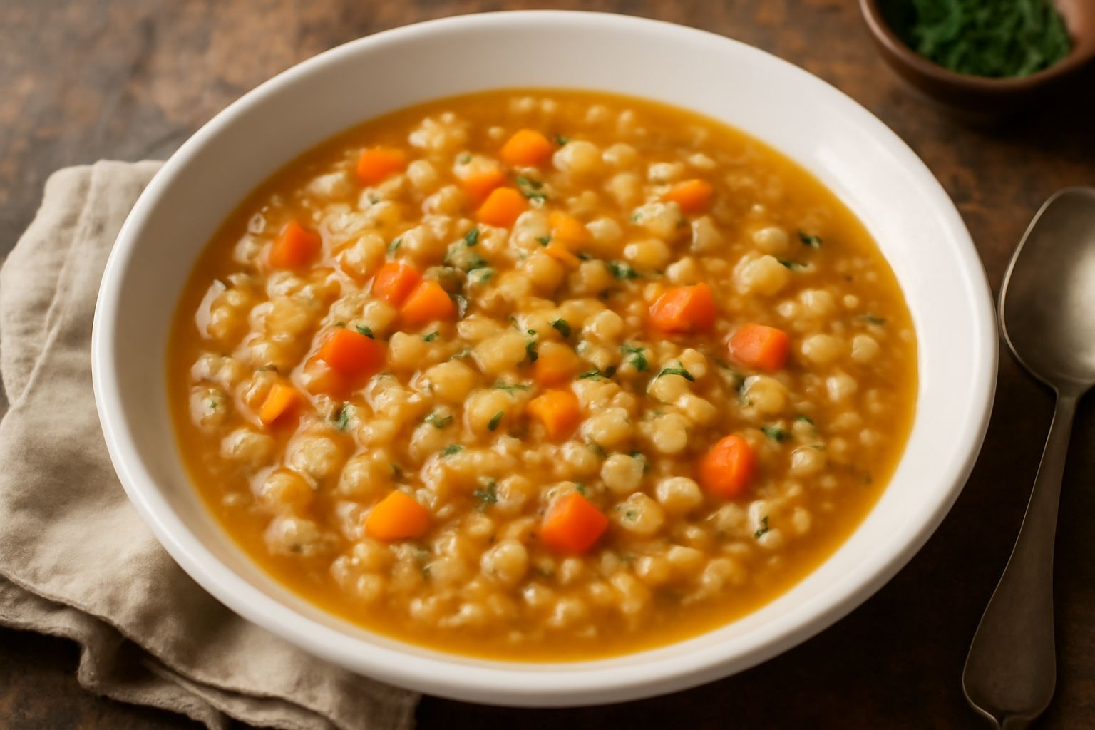 Zuppa d'orzo perlato in ciotola di ceramica bianca: brodo trasparente ambrato con chicchi di orzo visibili, carote arancioni tagliate a dadini, sedano e prezzemolo verde fresco, servito con pane tosta