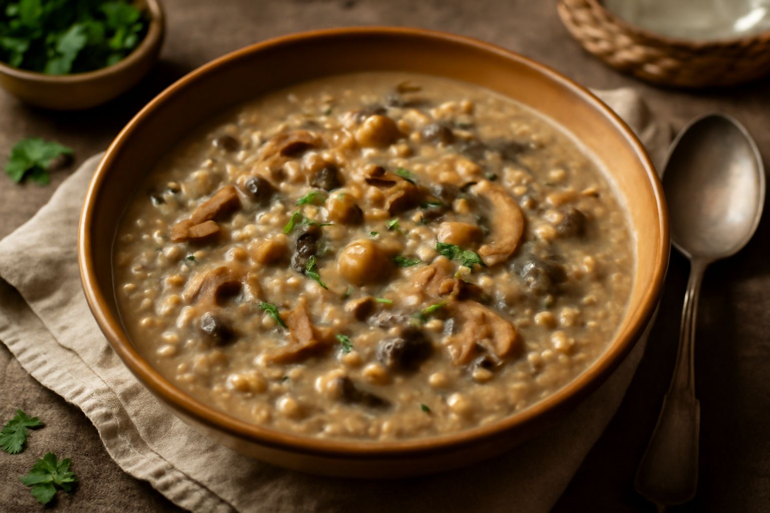 Zuppa d'orzo perlato e funghi in ciotola bianca, con chicchi d'orzo visibili, funghi trifolati, brodo trasparente color ambra, foglia di prezzemolo fresco e manico della ciotola in primo piano