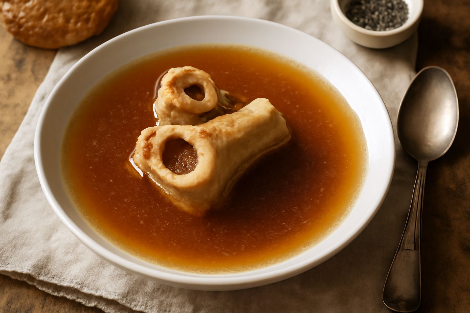 Zuppa d'ossi in una ciotola bianca, liquido trasparente e ambrato, con una leggera patina di grasso in superficie, guarnita con qualche foglia di prezzemolo fresco