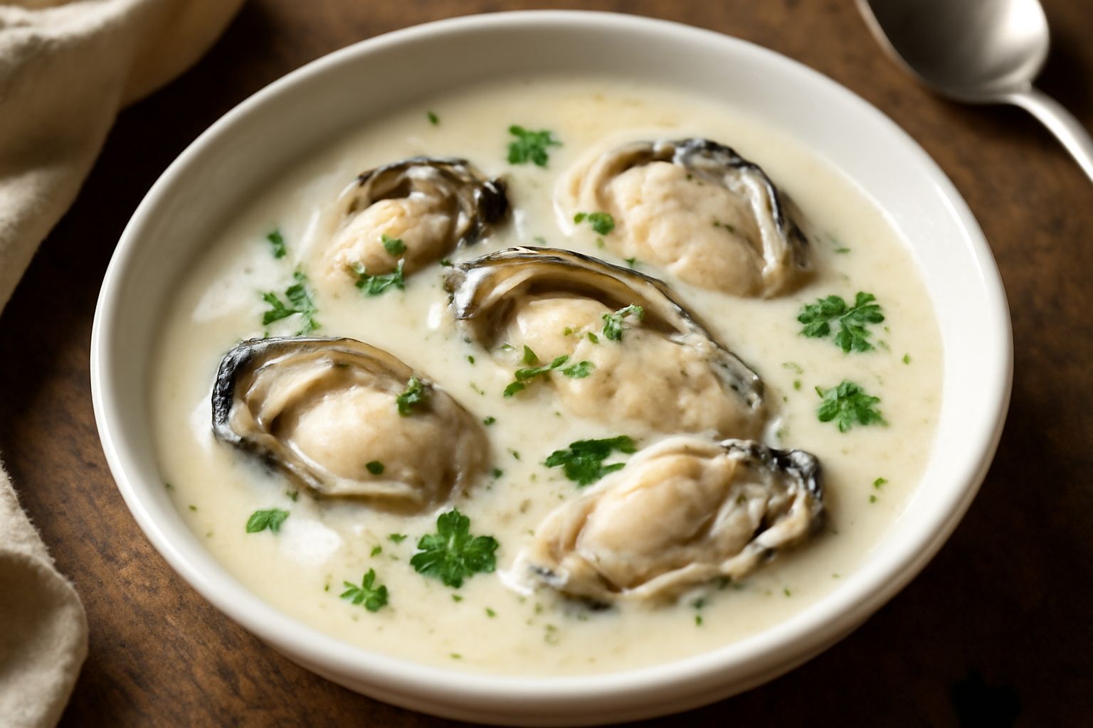 Zuppa d'ostreghe in ciotola bianca: brodo cremato di colore bianco con 4-5 ostreghe aperte, fette di pane tostato ai bordi, prezzemolo fresco verde e una macinata di pepe nero sulla superficie