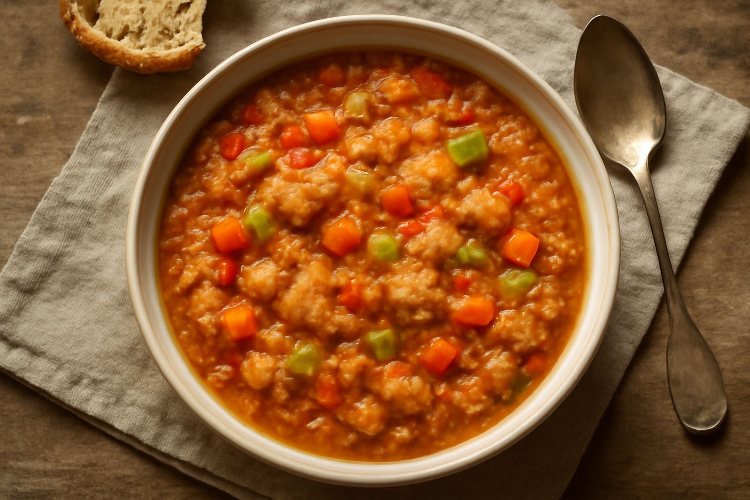 Una ciotola di ceramica bianca con zuppa d'pan: pane in pezzi grigiastri, brodo rosso pomodoro, cubi di verdure scure, olio verdastro in superficie, accompagnata da fette di pane tostato sul bordo
