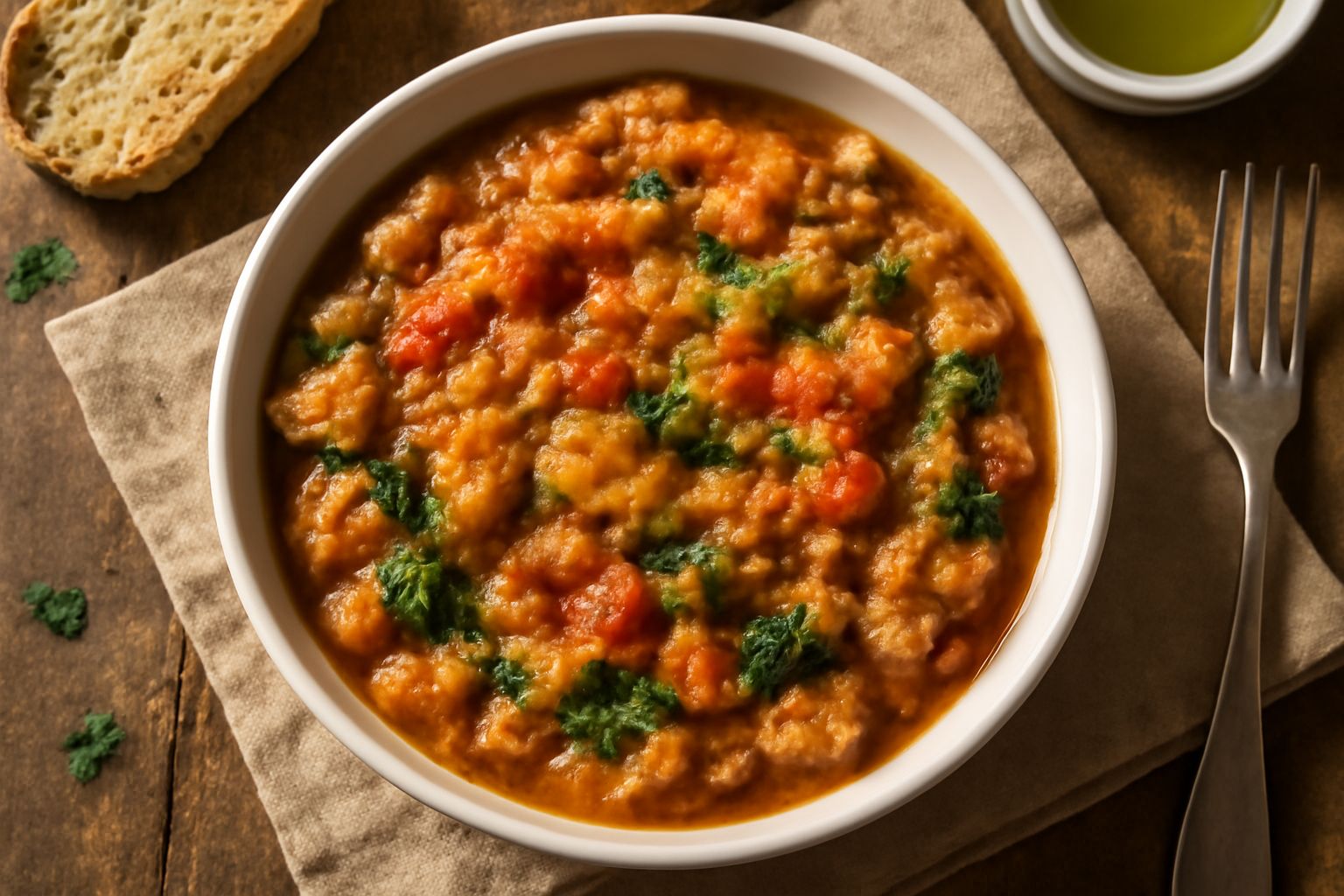 Una ciotola di ceramica bianca con zuppa di pan raffermo densa, pezzetti di pane morbido immersi in brodo rosso di pomodoro, surface con fili di olio d'oliva, foglia di basilico fresco, contorno sfoca