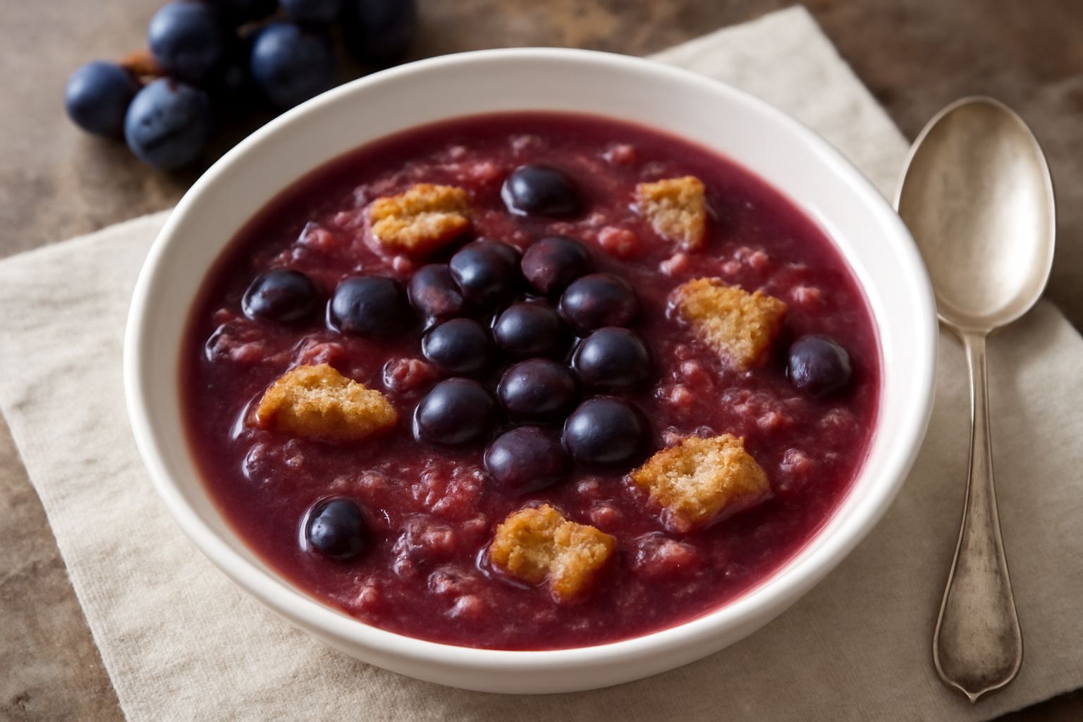 Una ciotola di ceramica bianca contenente zuppa d'uva color porpora con chicchi d'uva rossi e viola, pezzi di pane tostato galleggianti, brodo limpido e lucido, decorata con foglie di menta fresca sul