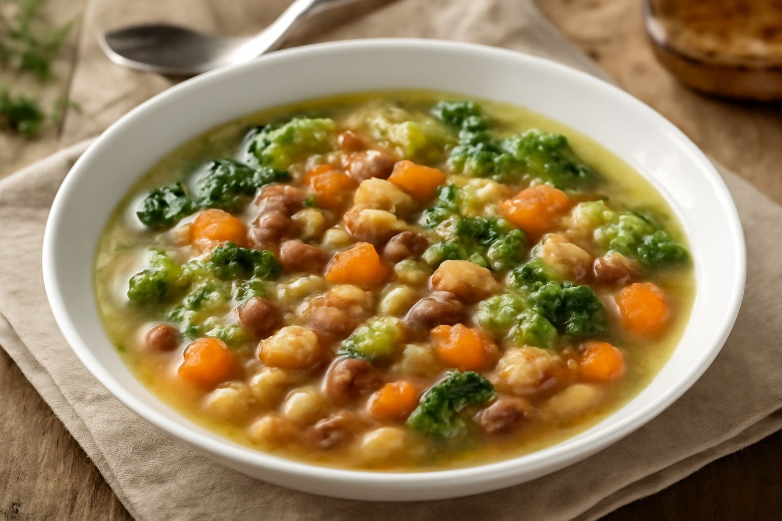 Una ciotola di ceramica bianca contiene zuppa forlivese con fagioli rossi e bianchi, carote tagliate, sedano e cavolo, in brodo trasparente. Una cucchiaiata è sollevata, il piatto è servito su un tavo