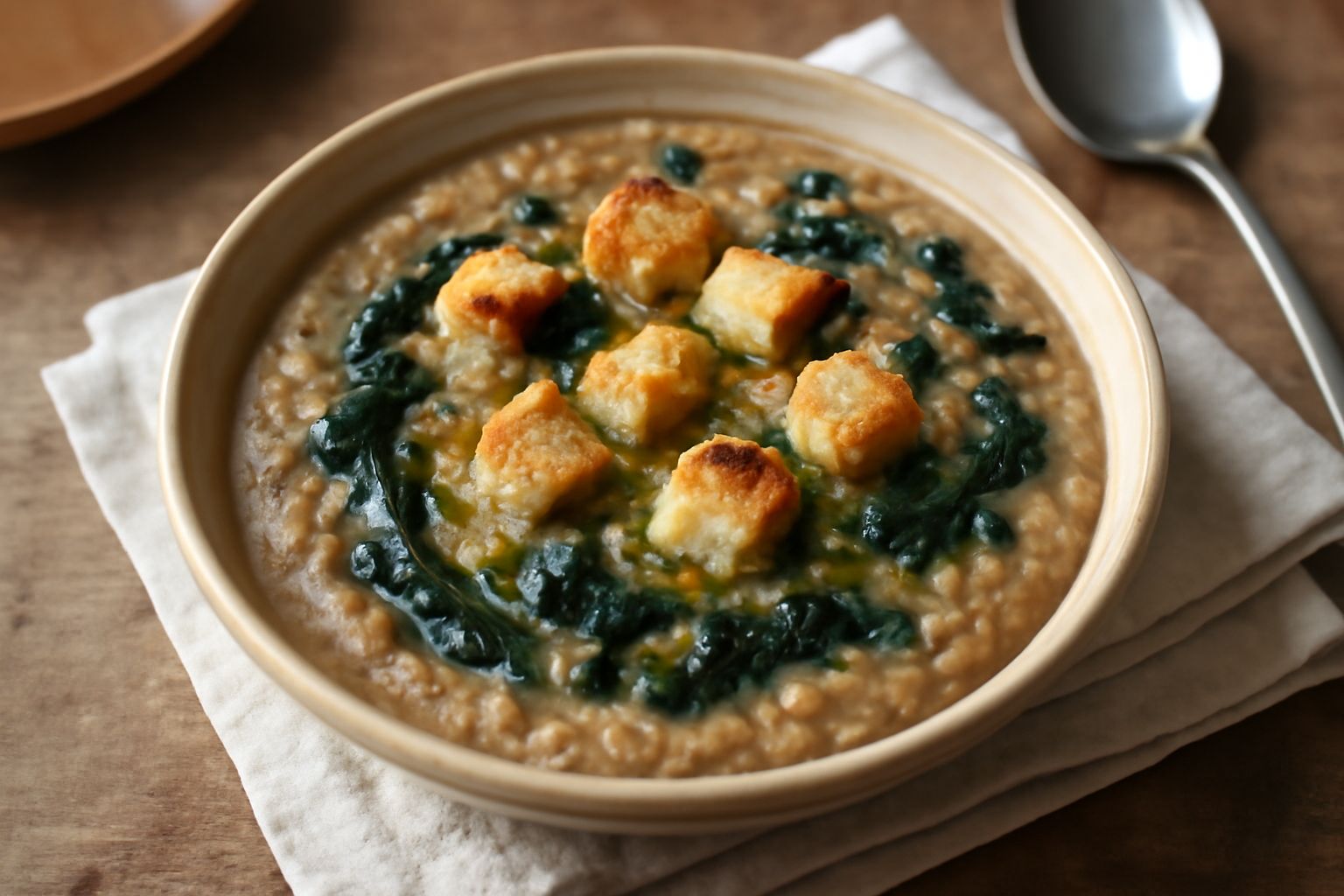 Zuppa frantoiana in ciotola di ceramica bianca con cavolo nero scuro, fagioli bianchi visibili, fette di pane dorato in superficie e gocce di olio verde oliva, vapore leggero, su tavolo di legno