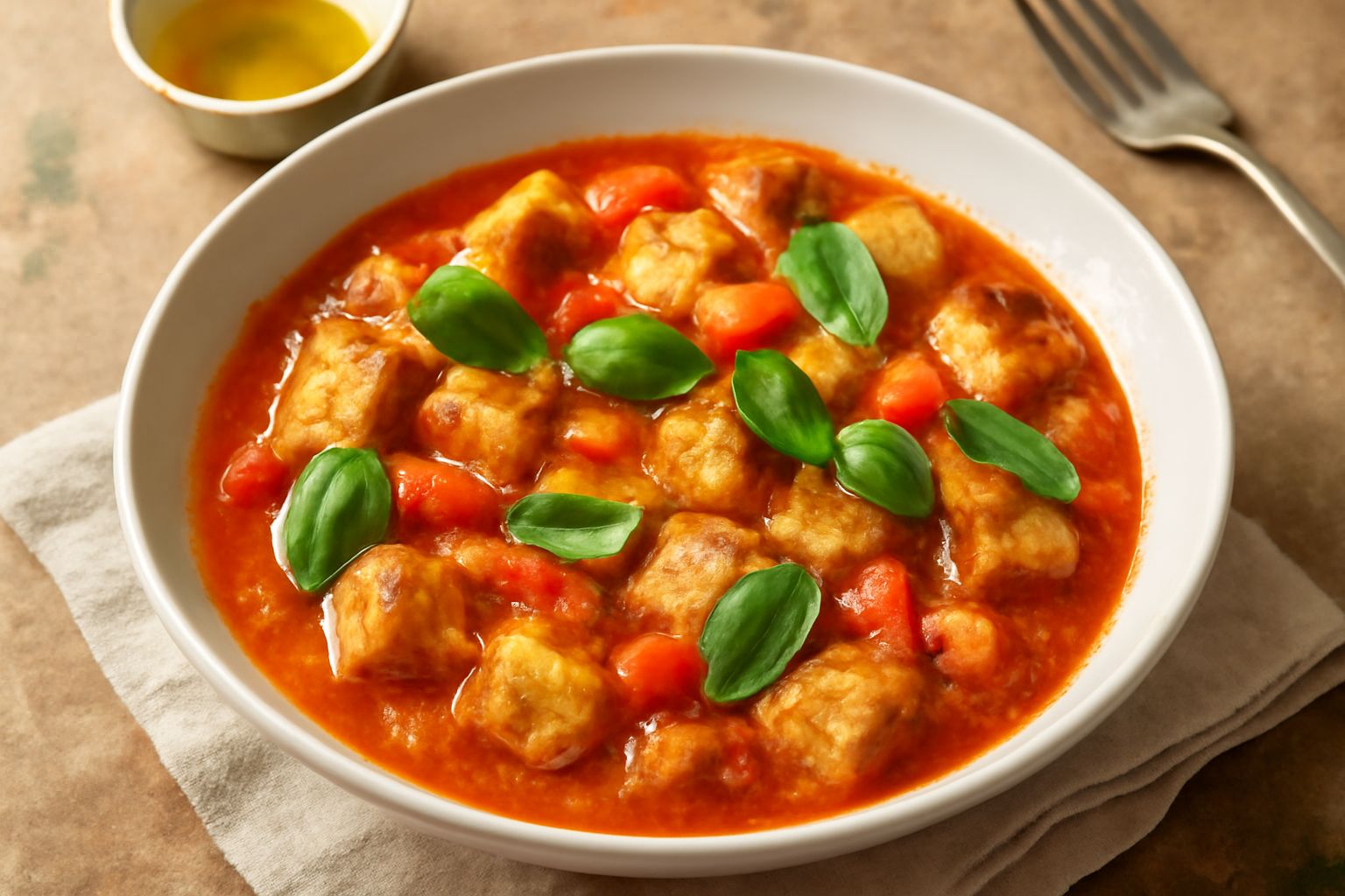 Zuppa fredda di pane in ciotola bianca con pezzi di pane tostato, pomodori rossi, basilico fresco e filo di olio dorato, servita con cucchiaio in legno