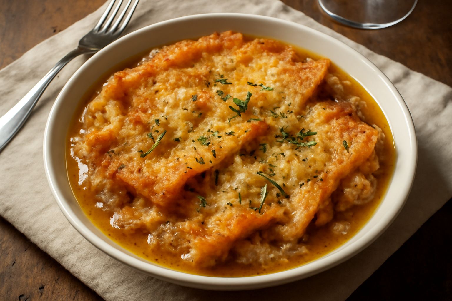Zuppa gallurese in ciotola di ceramica bianca, pane carasau dorato che affonda nel brodo, formaggio filante che sale in fili, gocce di brodo limpido, pepe nero in superficie, piatto caldo fumante appo