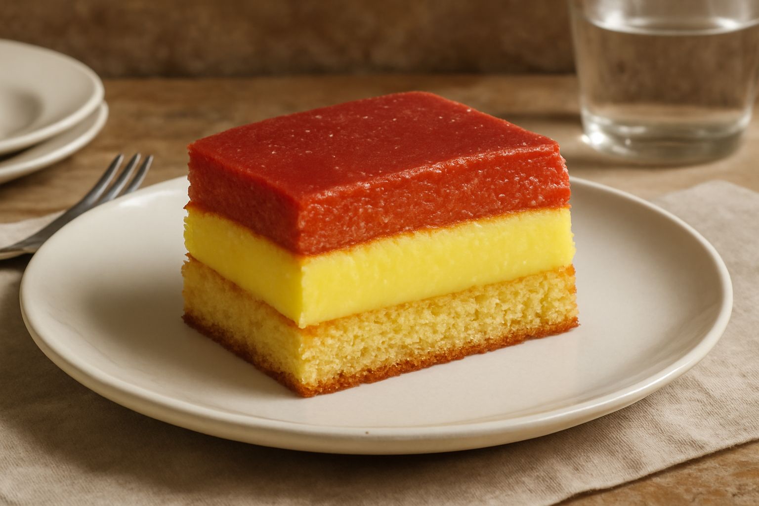 Un piatto bianco con una fetta di zuppa inglese che mostra tre strati: pan di spagna dorato, crema gialla densa e alchermes rosso brillante; sopra una leggera spolverata di cacao