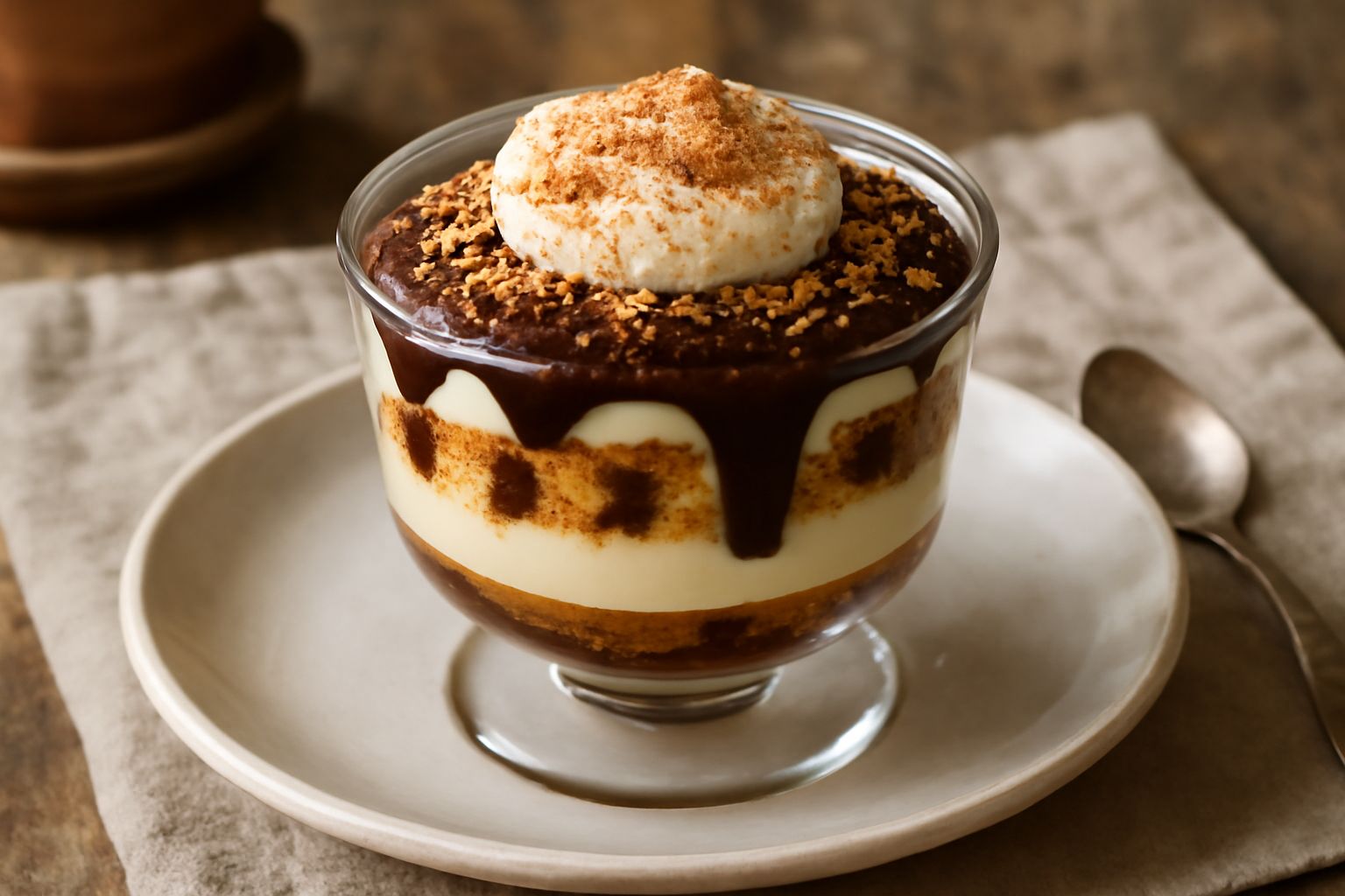Zuppa inglese in coppa di vetro trasparente con strati visibili di pan di spagna giallo, crema pasticcera bianca, cioccolato marrone scuro, bricciole di amaretti e panna montata bianca in cima; guarni