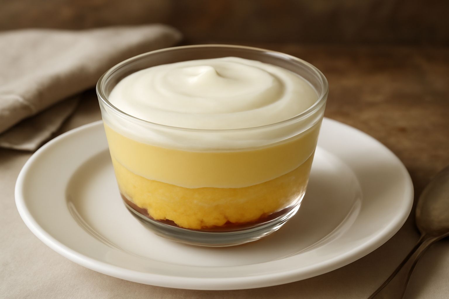 Zuppa inglese ferrarese servita in una coppa di vetro trasparente con evidenti strati di pan di Spagna giallo, crema color avorio, e zabaione bianco sulla superficie, guarnita con uno stecco di cannel
