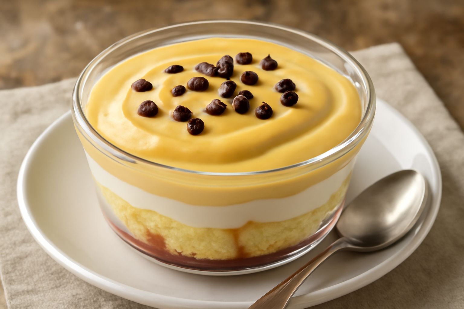 Ciotola di vetro trasparente con zuppa inglese mantovana: strati visibili di pan di Spagna giallo dorato, crema pasticcera bianca e zabaione cremoso, guarnita con gocce di cioccolato scuro in cima
