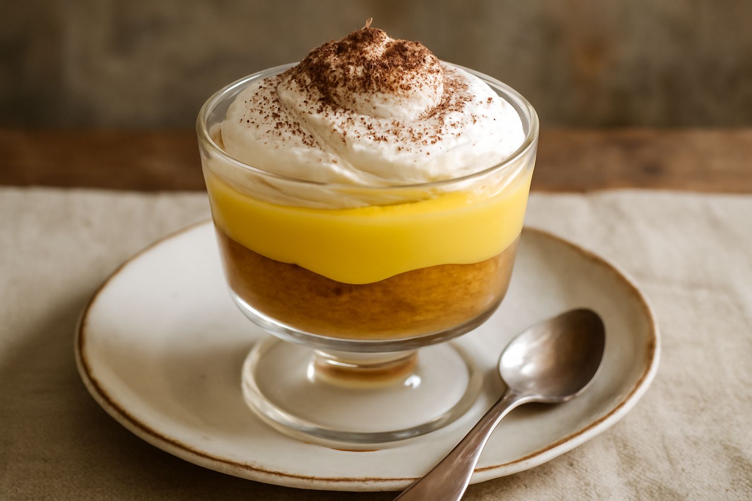 Zuppa inglese toscana in coppetta di vetro con strati visibili di pan di spagna bagnato color nocciola, crema pasticcera gialla chiara, panna montata bianca in superficie, spolverata di cacao in polve