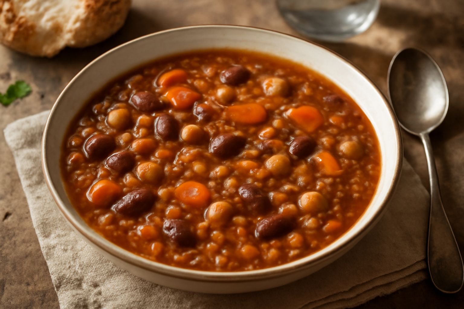 Una ciotola di ceramica bianca con zuppa di legumi secchi: fagioli rossi e bianchi, lenticchie marroni, ceci gialli, pezzi di carota e sedano visibili nel brodo trasparente, guarnita con prezzemolo fr
