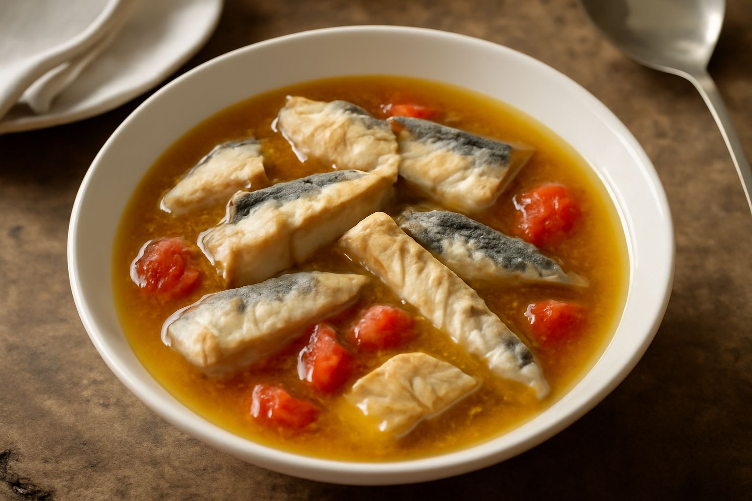 Zuppa messinese in terracotta bianca: brodo trasparente giallastro con filetti di pesce azzurro, pomodori rossi, aglio e prezzemolo verde fresco, servita in ciotola con pane tostato ai bordi