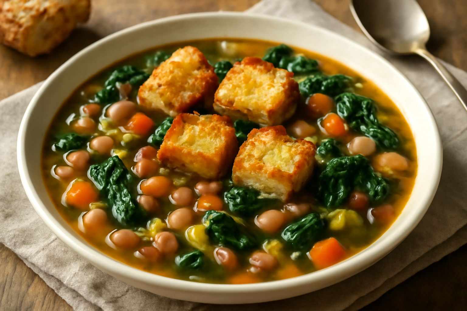 Zuppa paesana in una ciotola di ceramica bianca: brodo ambrato, fagioli cannellini e borlotti, dadi di zucchina e patata, spinaci scuri, pezzi di pane tostato galleggianti, spruzzo di olio extravergin