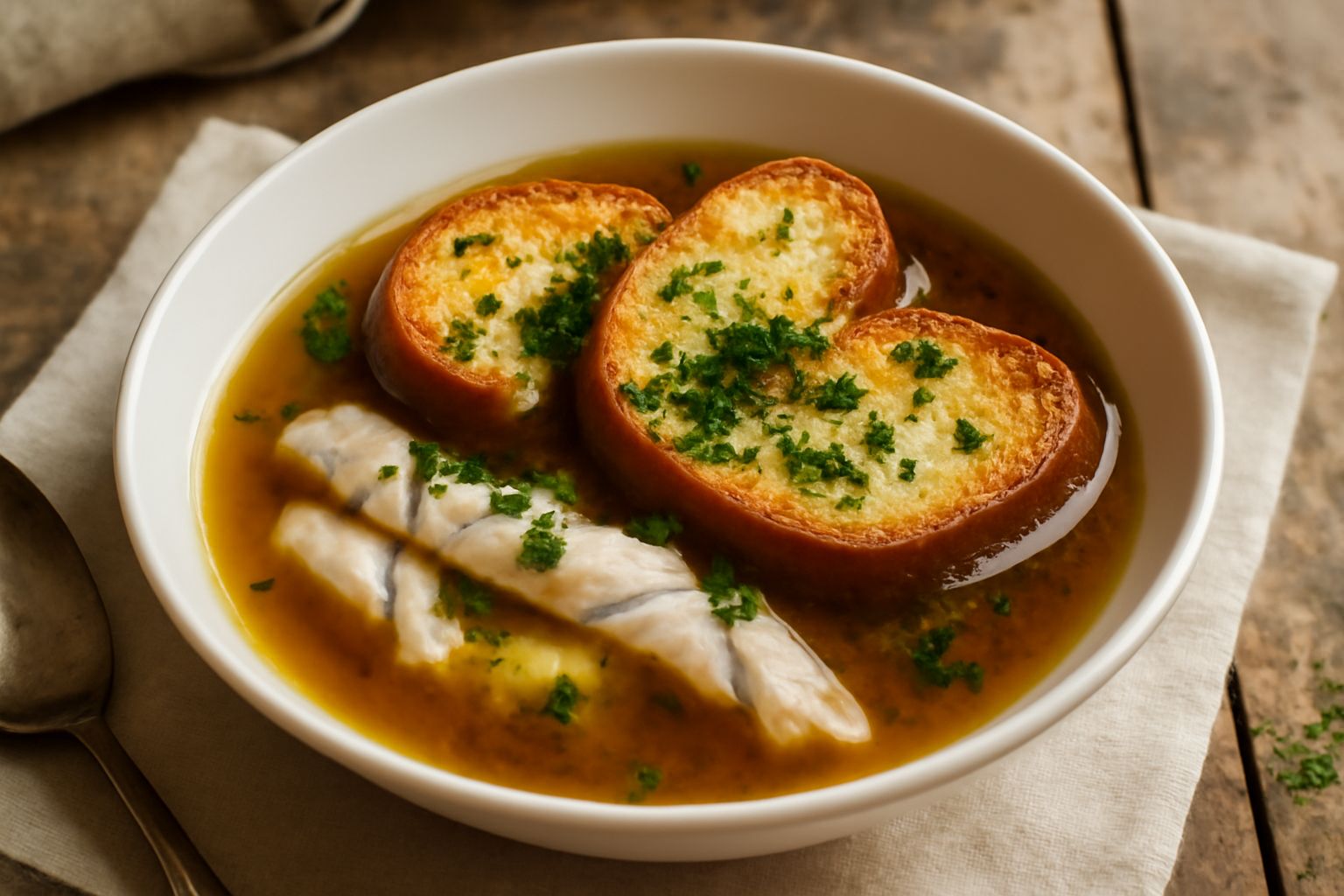 Una ciotola bianca con zuppa di pesce fumante: brodo trasparente color ambra, filetti di pesce bianco visibili, fette di pane tostato dorate galleggianti, prezzemolo verde fresco tritato in superficie