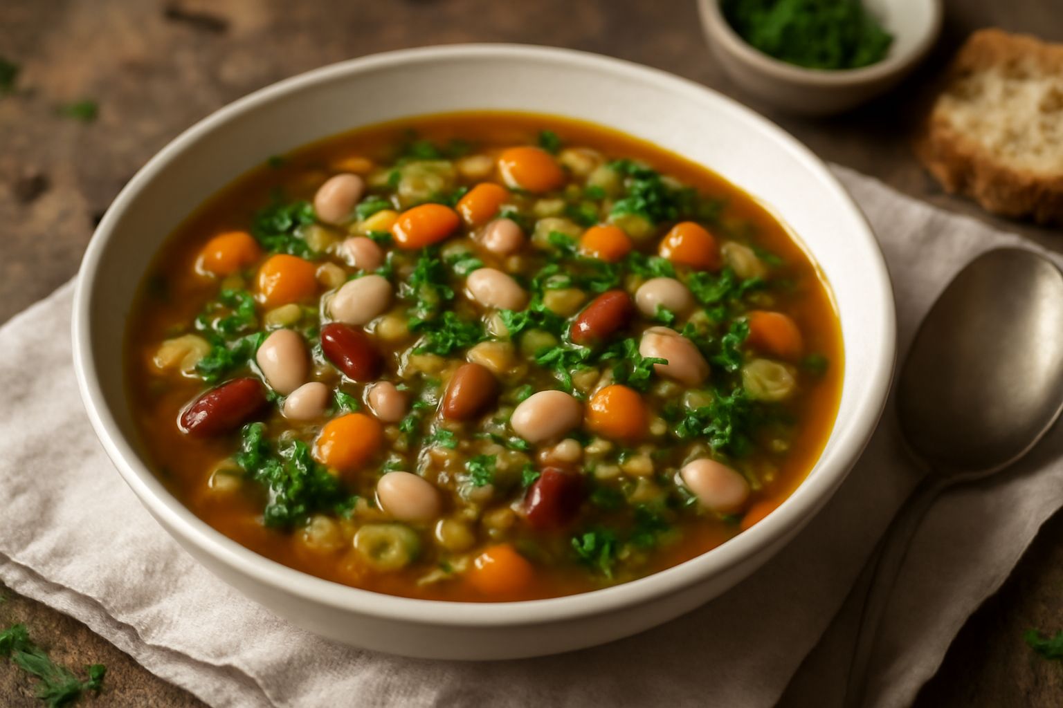 Zuppa piacentina in ciotola di ceramica bianca: brodo ambrato con verdure tagliate a dadi, fagioli bianchi e rossi, cavolo verde, sedano e carota, guarnita con prezzemolo fresco